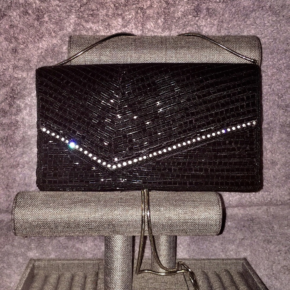 Black Beaded Vintage Purse with Rhinestone Accents